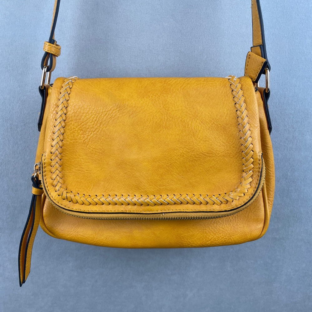 Versona Mustard Yellow Vegan Leather Crossbody Bag Braid Whipstitch Indie Boho